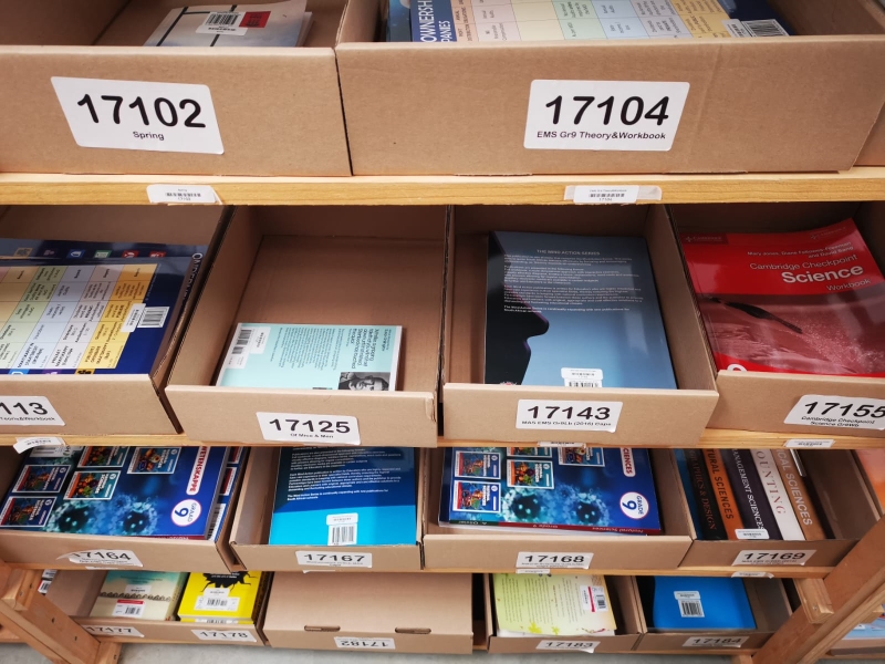 Textbooks on shelves